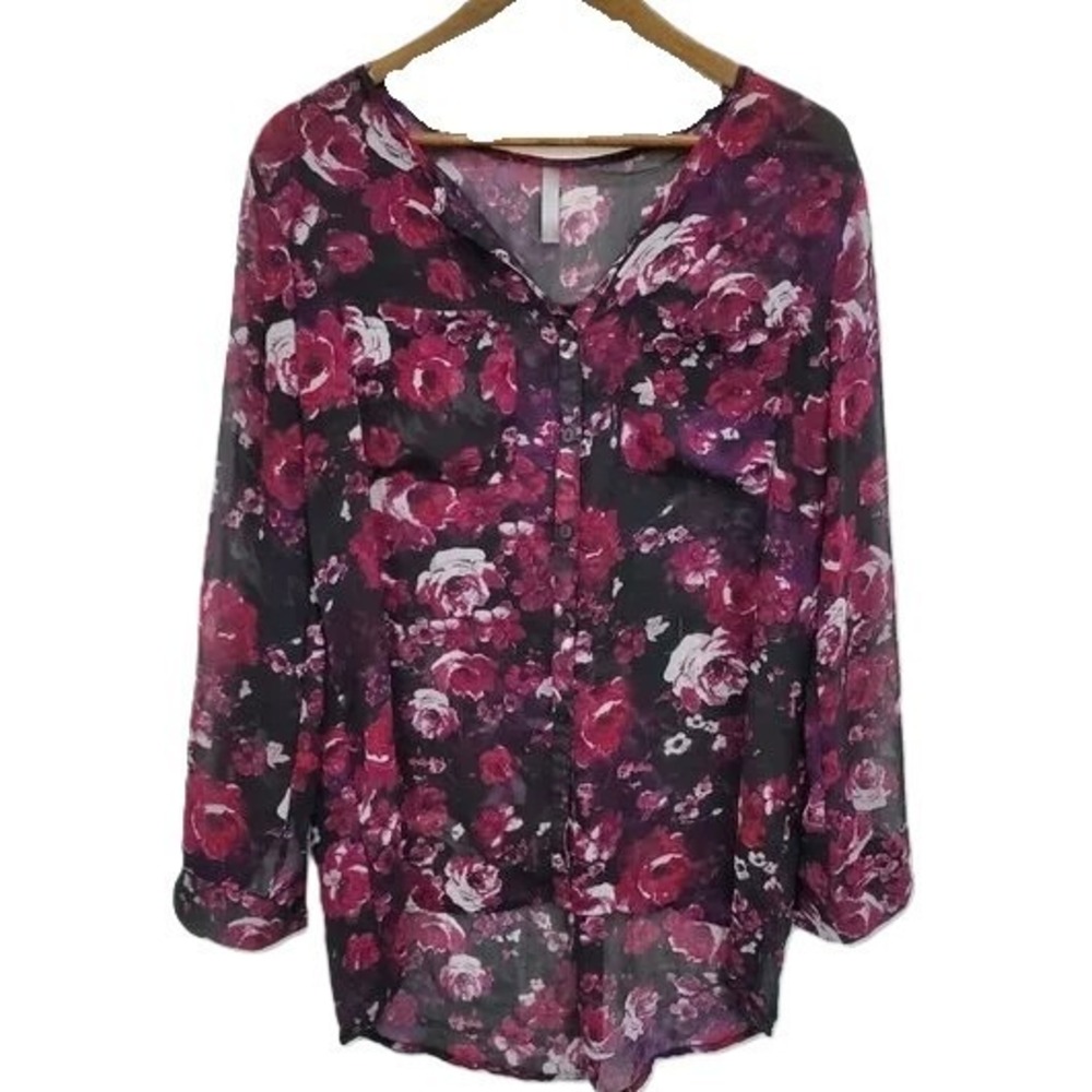 Massini Womens Floral Button Up Sheer Blouse Top Size M Long Sleeve Pockets